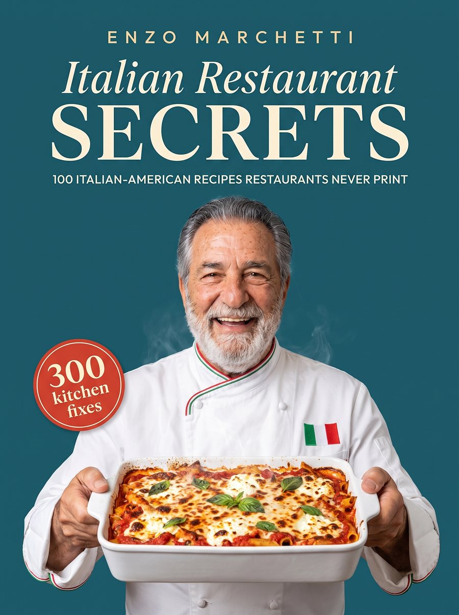 Cover of Italian Restaurant Secrets, Enzo Marchetti holding a dish of baked ziti