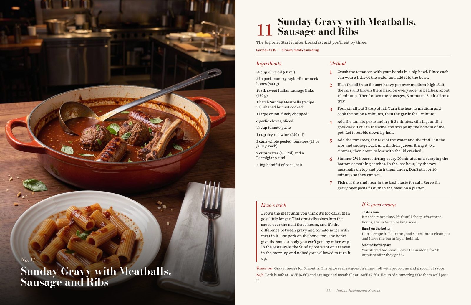 Two pages from the book: Sunday gravy with meatballs, sausage and ribs
